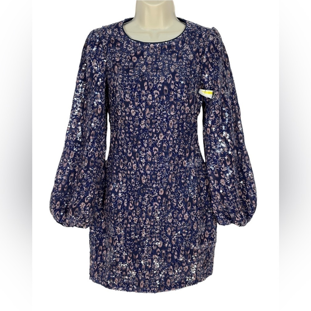 BTFL-Life Crew Neck Long Sleeve Sequin Mini Dress - Blue - size XS
